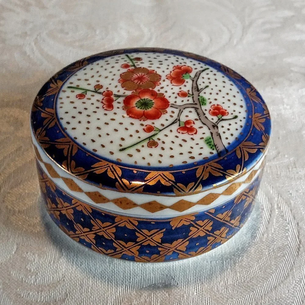 Vintage Red Flower Blue Gold Porcelain Trinket Box